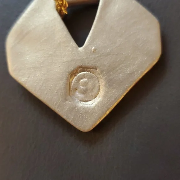 Vintage Gold Purple Blue Hand Painted Artist Signed Geometric Pendant Necklace - Picture 6 of 12